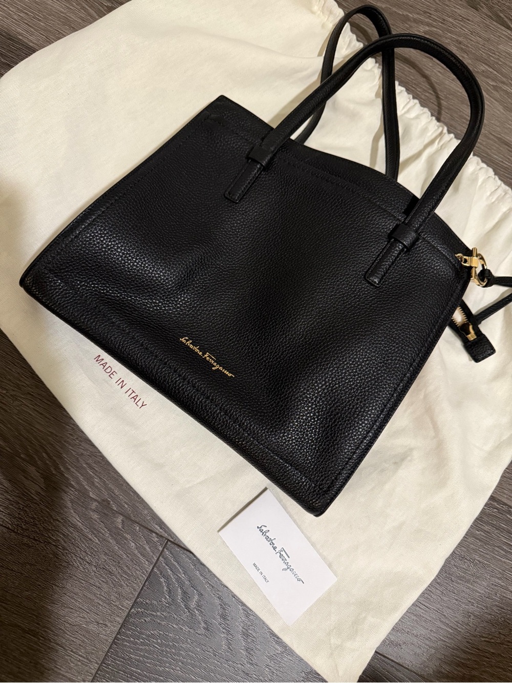 Salvatore Ferragamo Black Leather Tote with Gold Hardware